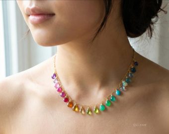 - Solid Gold 14K Rainbow Multi Gemstone Necklace, Precious Drop Necklace